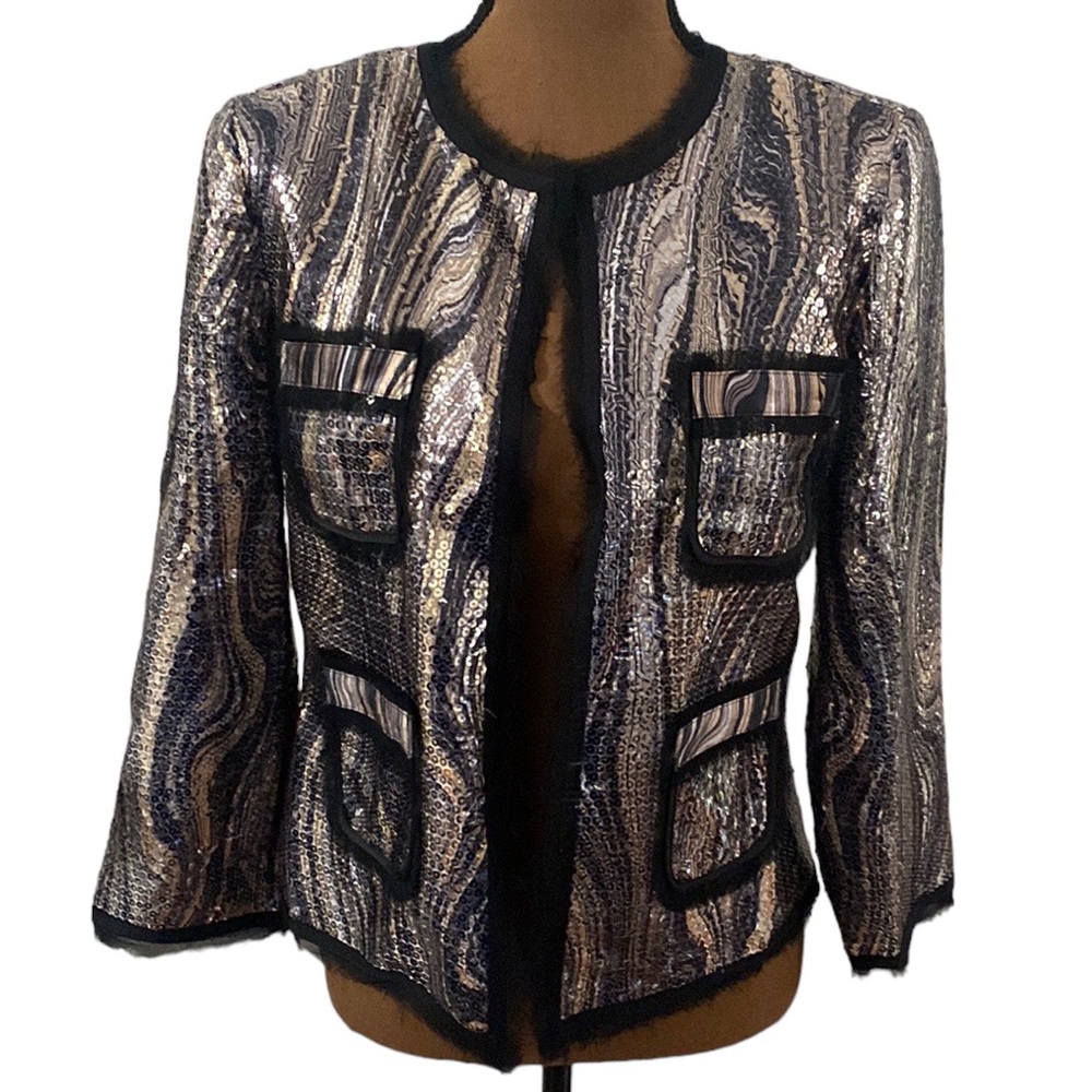 Cache sequined swirl patch pocket fringed cardigan evening jacket size M